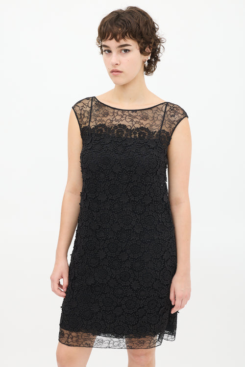 Prada Black Floral Lace Appliqué Midi Dress