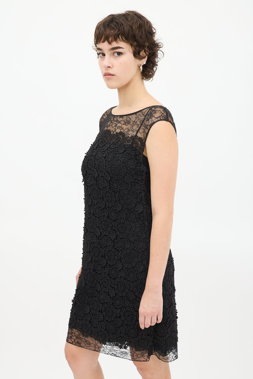 Prada Black Floral Lace Appliqué Midi Dress