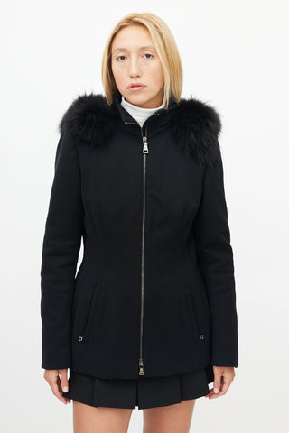 Prada Black Fur Shoulder Zip Up Coat