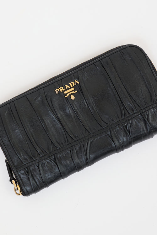 Prada Black Leather Gaufre Zip Around Wallet