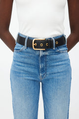 Prada Black & Gold Buckle Textured Leather Belt