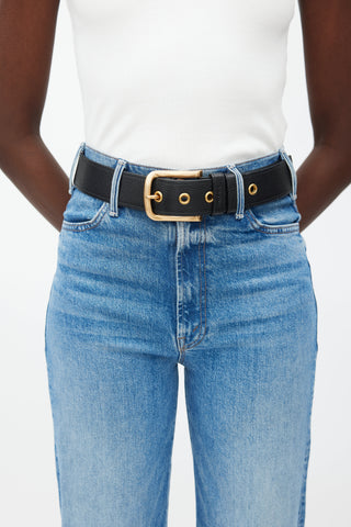 Prada Black & Gold Buckle Textured Leather Belt