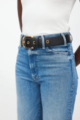 Prada Black & Gold Buckle Textured Leather Belt