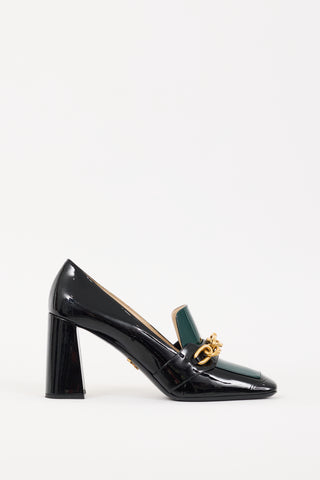 Prada Black & Green Patent Leather Chain Link Heeled Loafer