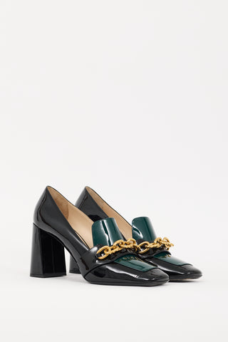 Prada Black & Green Patent Leather Chain Link Heeled Loafer