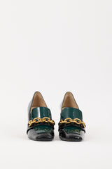 Prada Black & Green Patent Leather Chain Link Heeled Loafer