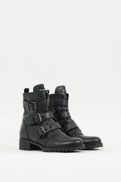 Prada Black Leather Buckled Combat Boot