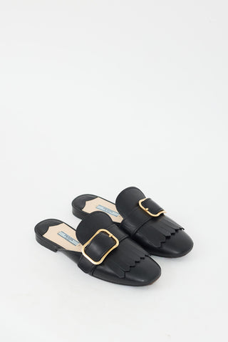 Prada Black Leather Fringe & Buckle Mule