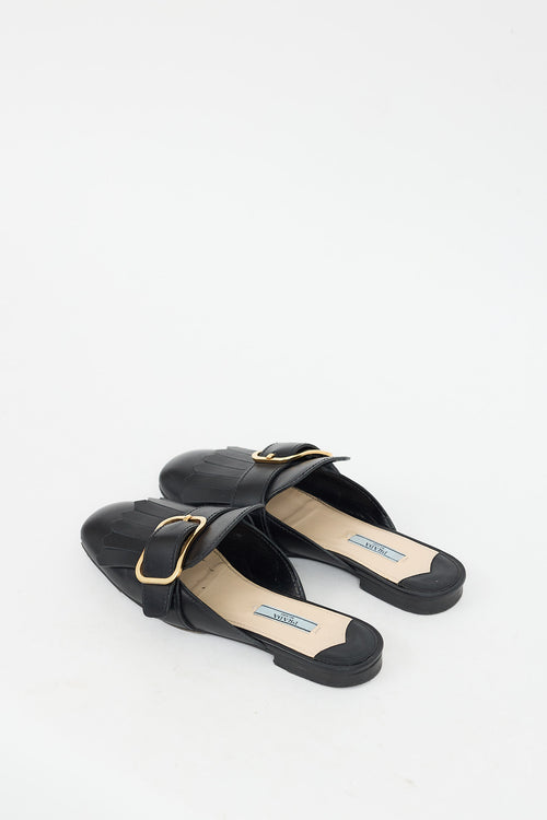 Prada Black Leather Fringe & Buckle Mule