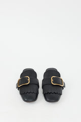 Prada Black Leather Fringe & Buckle Mule