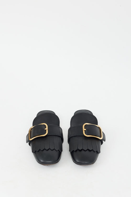 Prada Black Leather Fringe & Buckle Mule