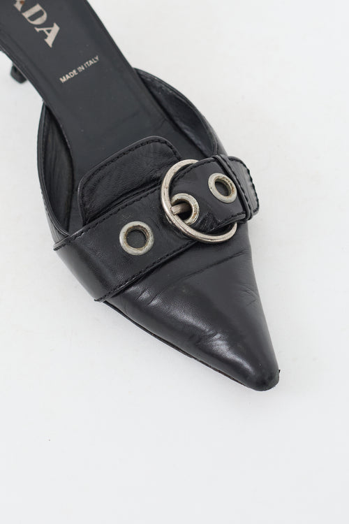 Prada Black Leather Buckled Pointed Toe Pump