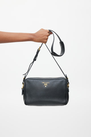 Prada Black & Gold Leather Double Zip Camera Bag