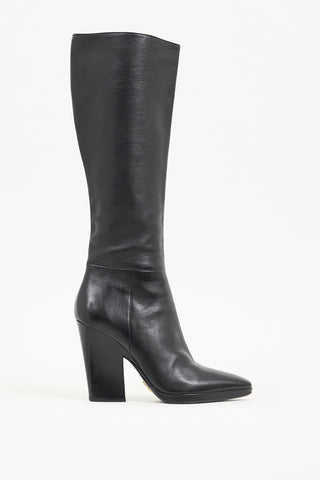 Prada Black Leather Knee High Pointed Toe Boot