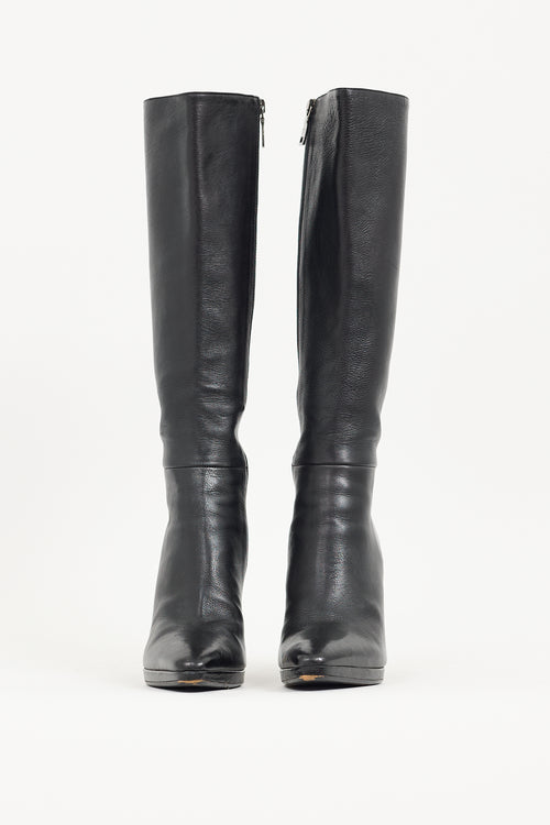 Prada Black Leather Knee High Pointed Toe Boot