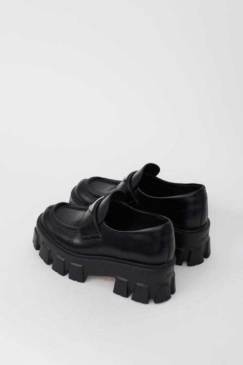 Prada Black Leather Logo Monolith Platform Loafer