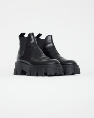Prada Black Leather Lug Sole Ankle Boot