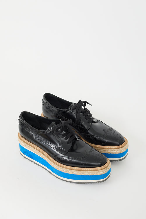 Prada Black & Blue Leather Espadrille Platform Brogue