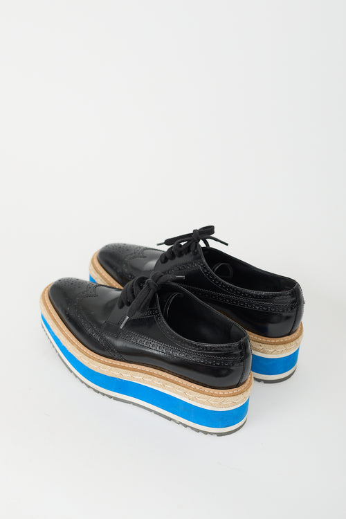 Prada Black & Blue Leather Espadrille Platform Brogue