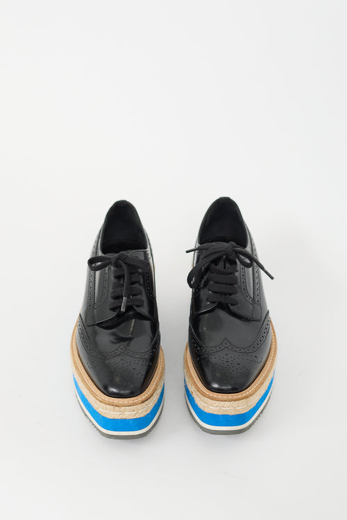 Prada Black & Blue Leather Espadrille Platform Brogue