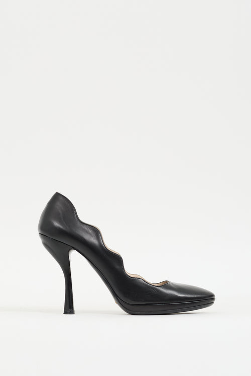 Prada Black Leather Scallop Edge Pump