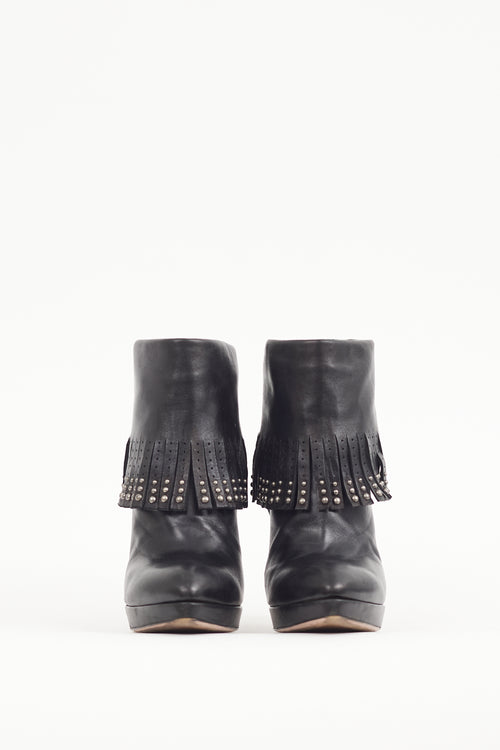 Prada Black Leather Studded Fringe Boot