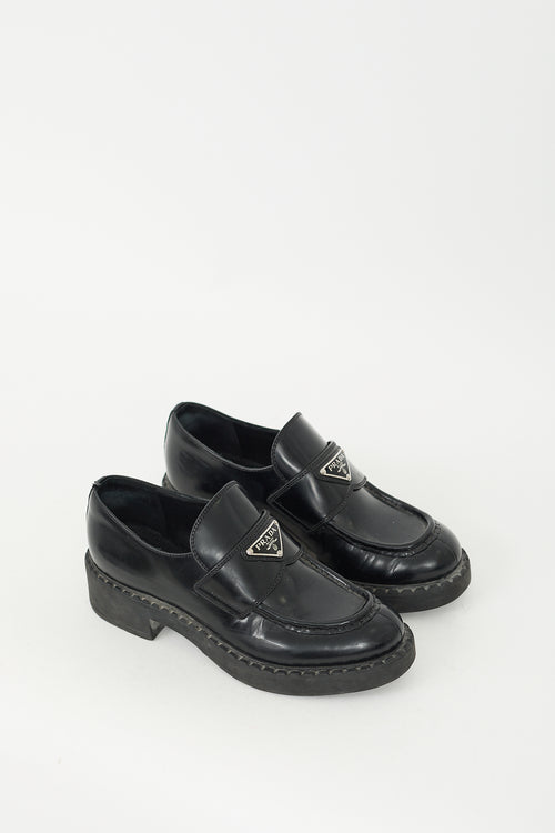 Prada Black Leather Triangle Logo Loafer