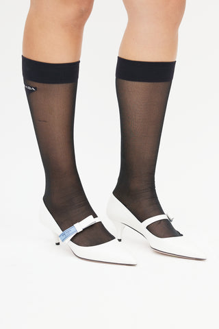 Prada Black Mesh Knee High Logo Sock