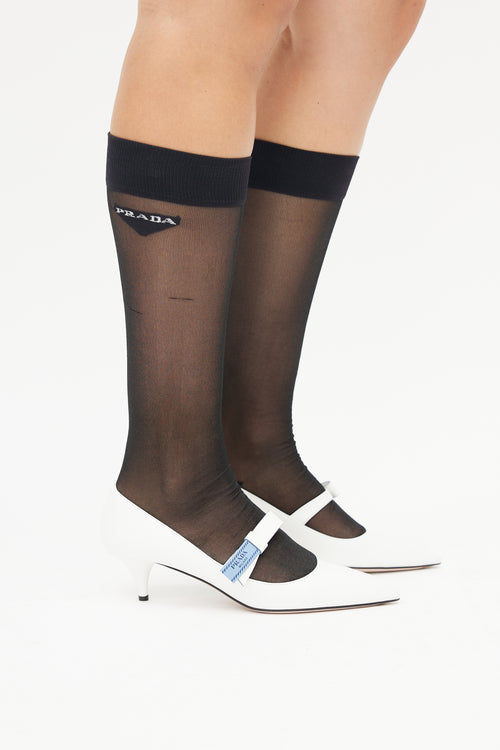 Prada Black Mesh Knee High Logo Sock
