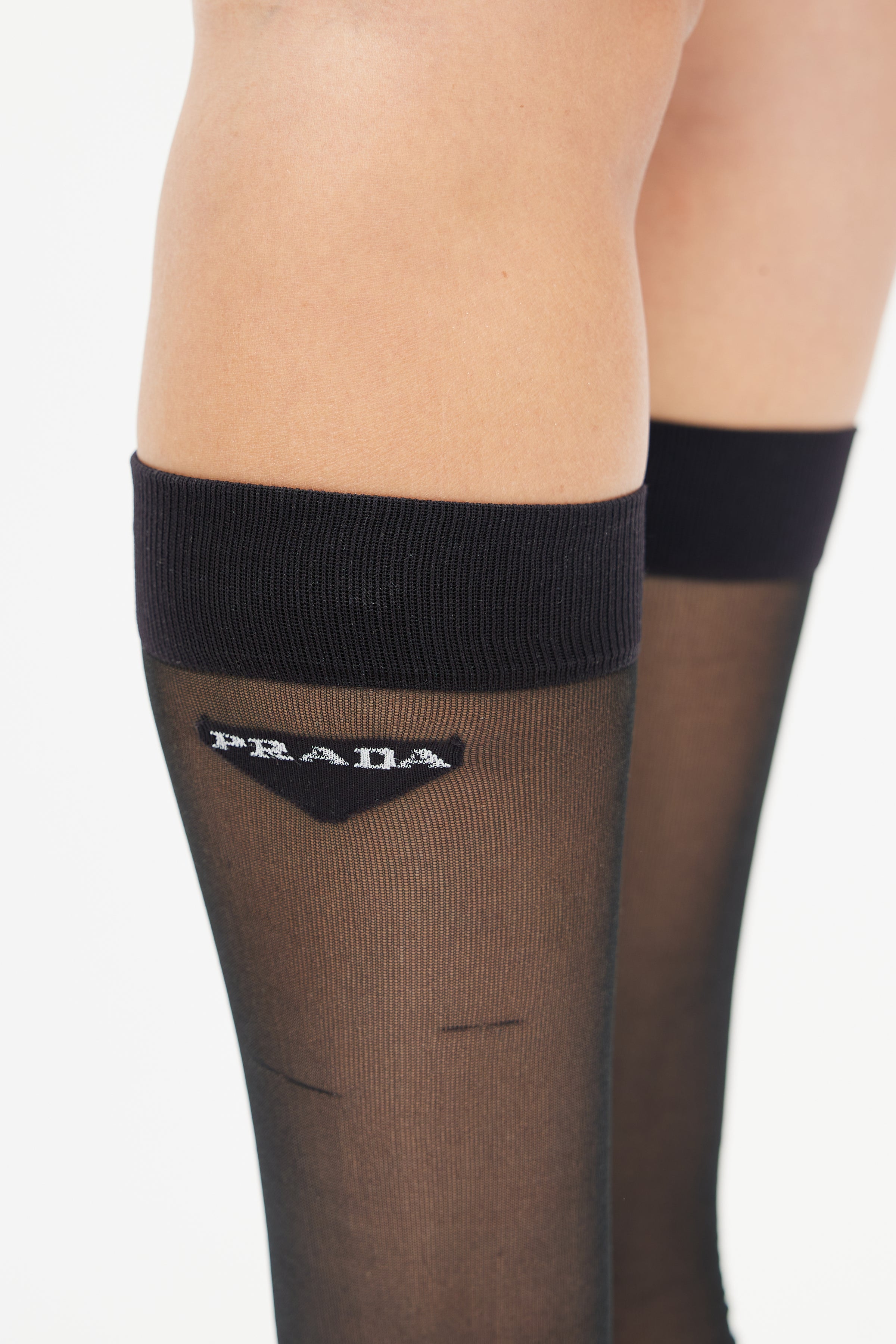 Prada // Black Mesh Knee High Logo Sock – VSP Consignment