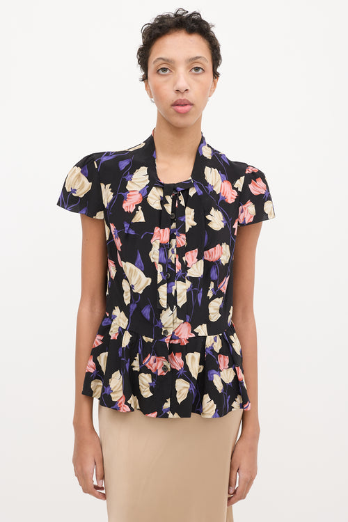 Prada Black & Multi Silk Floral Frill Blouse