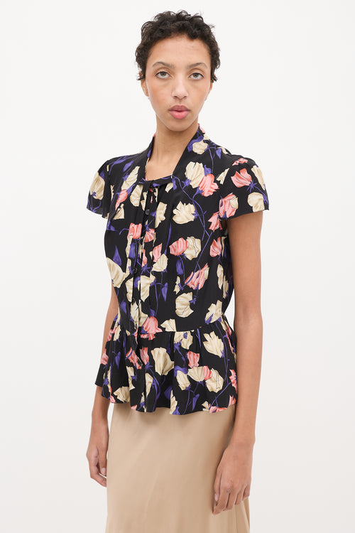 Prada Black & Multi Silk Floral Frill Blouse