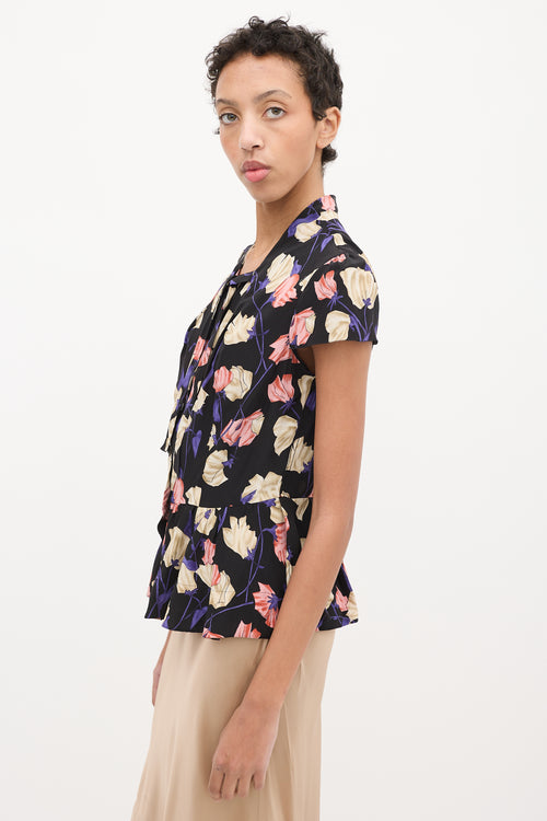 Prada Black & Multi Silk Floral Frill Blouse