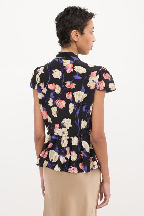 Prada Black & Multi Silk Floral Frill Blouse