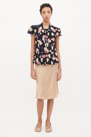 Prada Black & Multi Silk Floral Frill Blouse