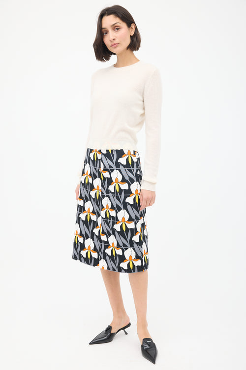 Prada Black & Multicolour Cotton Floral Pencil Skirt