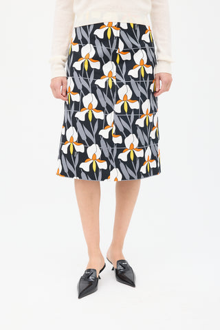 Prada Black & Multicolour Cotton Floral Pencil Skirt