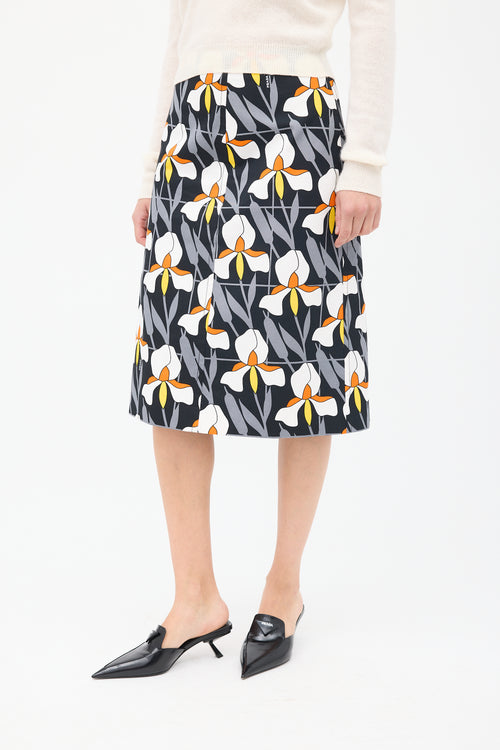 Prada Black & Multicolour Cotton Floral Pencil Skirt