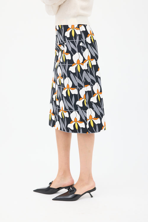 Prada Black & Multicolour Cotton Floral Pencil Skirt