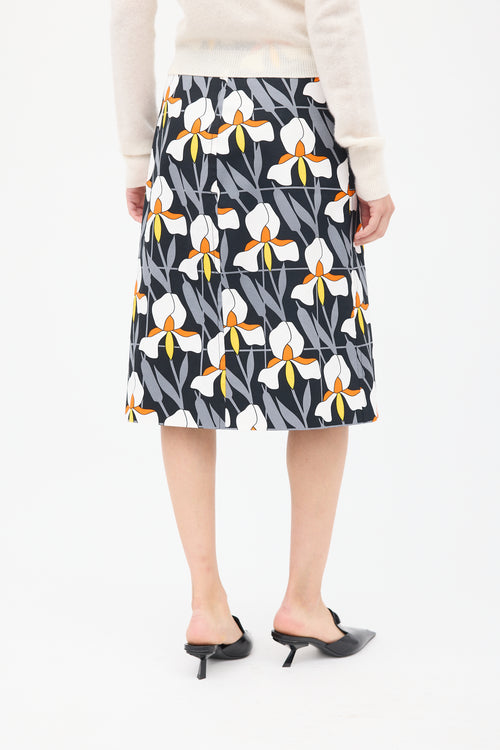 Prada Black & Multicolour Cotton Floral Pencil Skirt