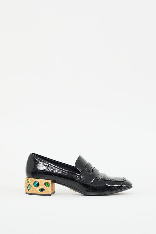 Prada Black & Gold Patent Leather Jeweled Loafer