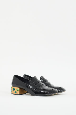 Prada Black & Gold Patent Leather Jeweled Loafer