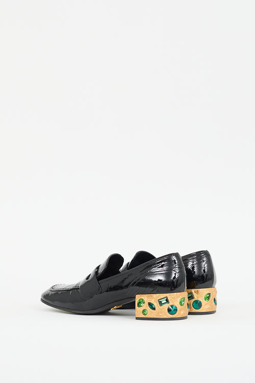 Prada Black & Gold Patent Leather Jeweled Loafer