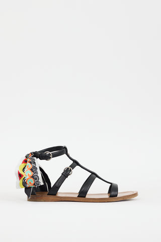 Prada Black & Multicolour Leather Printed Tie Sandal
