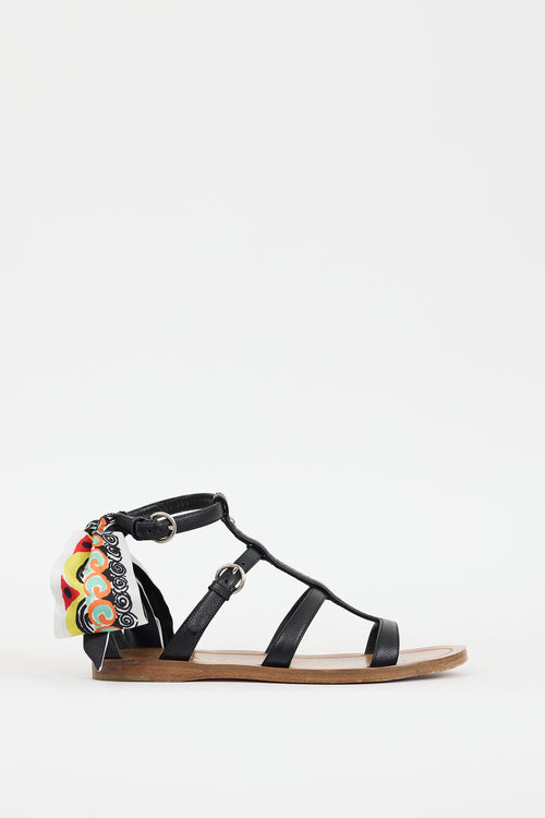Prada Black & Multicolour Leather Printed Tie Sandal
