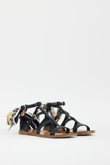 Prada Black & Multicolour Leather Printed Tie Sandal