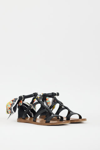 Prada Black & Multicolour Leather Printed Tie Sandal