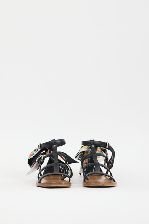 Prada Black & Multicolour Leather Printed Tie Sandal