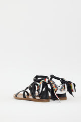Prada Black & Multicolour Leather Printed Tie Sandal