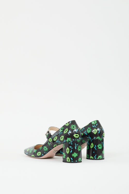 Prada Black & Multicolour Patent Floral Mary Jane Pump